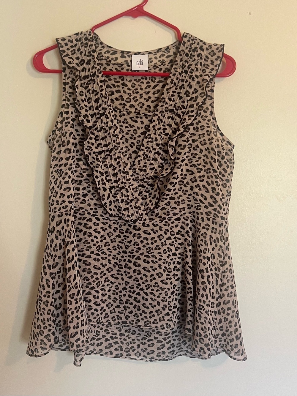 CAbi Taupe and Black Leopard Ruffle V-Neck Camisole